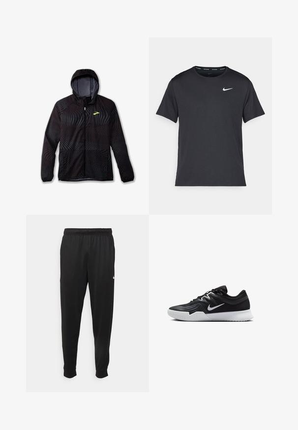 Brooks CANOPY - Running jacket - surge; Black Nike running T-shirt made of lightweight, breathable material, featuring short sleeves and a small white logo on the chest.; Black athletic pants made of smooth fabric, featuring an elastic waistband, tapered legs, and a small white logo on the left side.; Black athletic shoe with a textured upper, white Nike swoosh, and a white rubber outsole. Features a lace-up design and dynamic shape.