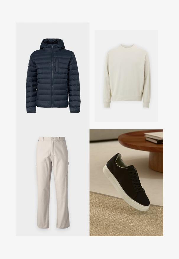 Navy puffer jacket with a hood, featuring horizontal stitching and a zippered front pocket. Smooth texture with lightweight insulation.; Light beige sweatshirt made of soft fabric with a crew neck, long sleeves, and ribbed cuffs and hem. Minimalist design, no visible patterns.; Beige cargo pants made of sturdy cotton with straight legs, front button closure, and side pockets for utility. Smooth texture with subtle stitching.; Black sneaker with white sole floating above beige textured rug near round wooden table with stacked books.