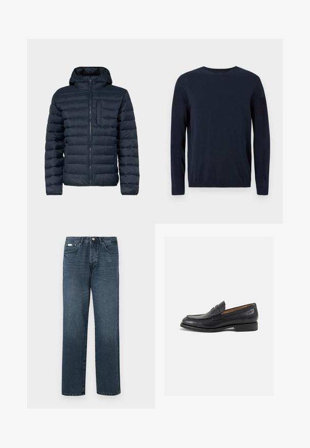 Tengerészkék pufi kabát kapucnival, vízszintes varrásokkal és cipzáras elülső zsebével. Simább textúrával és könnyű szigeteléssel rendelkezik.; Sötétkék kötött pulóver hosszú ujjal, kerek nyakkal, bordázott mandzsettával és szegéllyel. Kicsi logó található a mellkason.; Sötétkék denim farmernadrág egyenes szabással, öt zsebbel, övhurkokkal és cipzáras nyitással. Simaság és finom fakulási részletek jellemzik.; Fekete bőr loaferek sima felülettel, lekerekített orral és díszítő varrással a lábfejen. Alacsony, réteges sarkú és enyhe fényű.