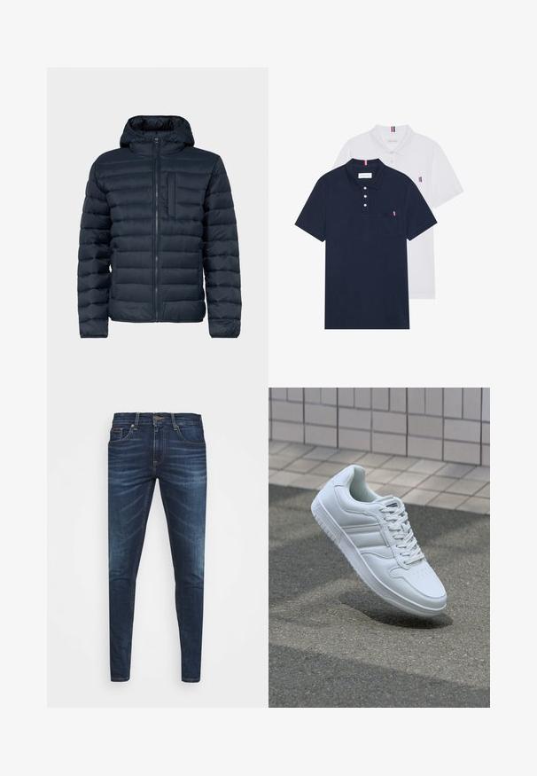Jūras spēku puffer jaka ar kapuci, ar horizontālām šuvēm un ar rāvējslēdzēja priekšējo kabatu. Gluda tekstūra ar viegliem izolācijas materiāliem.; Divas polo kreklu komplekts: viens tumši zils un viens balts, abi ar mazu sarkanu, baltu un zilu akcentu uz krūšu kabatas un apkakles.; Tumši zili džinsi ar šauru piegriezumu, ar vieglu izbalēšanu, piecām kabatām un metalizētu pogu aizdari. Šuvju akcenti kontrastējošā krāsā.; Balti sporta apavi ar gludu ādas virsu, sasienamais priekšpuse, perforēts purngals un rakstaina zole. Minimālisma dizains ar trim sānu svītrām.