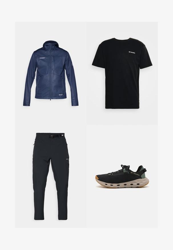 Navy softshell jacket with a high collar and full front zipper. Features zippered pockets, logo detailing, and a lightweight, smooth texture.; Black cotton t-shirt with short sleeves and a crew neck. Features a small white Columbia logo on the left chest. Soft texture.; Columbia ESSENTIAL HIKE™ PANT - Outdoor trousers - black; Black Columbia athletic shoes with a breathable upper, a cushiony grey midsole, and a rugged tan outsole. Features a minimalist design and adjustable laces.