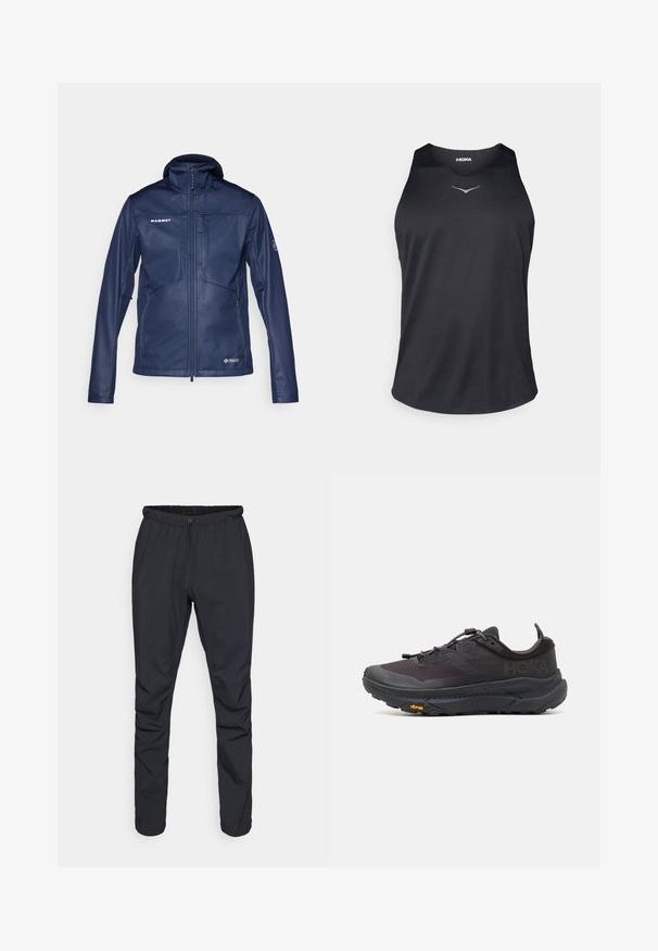 Veste softshell marine avec un col haut et une fermeture éclair sur toute la longueur. Comprend des poches zippées, des détails de logo et une texture légère et lisse.; Débardeur de sport sans manches noir en tissu respirant, avec un col rond et un accent de logo réfléchissant sur la poitrine.; Pantalons légers noirs avec une taille élastique, fermeture à cordon de serrage et jambes fuselées. Fabriqués en matériau résistant à l'eau avec une texture lisse.; Chaussure de trail running noire avec une finition texturée, dotée d'une semelle intermédiaire surélevée, d'un système de laçage et d'une semelle extérieure Vibram pour l'adhérence.