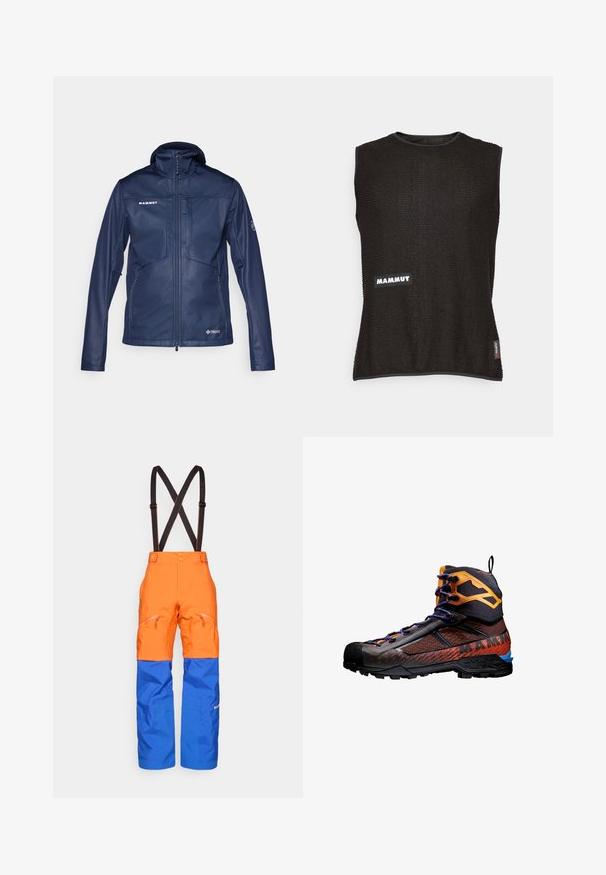 Giacca softshell blu navy con colletto alto e zip frontale completa. Presenta tasche con zip, dettagli con logo e una texture leggera e liscia.; Top senza maniche di colore nero realizzato in materiale texturizzato, con un logo "Mammut" bianco e una piccola etichetta rossa sul lato, scollatura rotonda.; Pantaloni impermeabili arancioni e blu con bretelle regolabili nere, tasche anteriori con zip e pannelli rinforzati sulle ginocchia per attività all'aperto.; Scarponcino da trekking nero e arancione con materiali in rete e gomma. Presenta accenti blu, motivi testurizzati e un design alto alla caviglia per supporto.