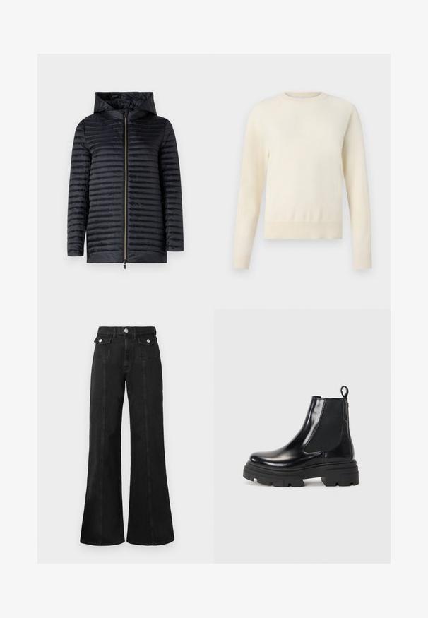 Chaqueta acolchada negra con capucha, que cuenta con un cierre completo, textura acolchada y un diseño aerodinámico. Material ligero y resistente al agua.; Suéter de color crema claro con mangas largas, cuello redondo y dobladillo de canalé. Fabricado con un material suave, presenta una textura lisa.; Jeans acampanados de mezclilla negra con cintura alta, que cuentan con dos bolsillos frontales, herrajes en tono plateado y detalles de costura visibles en la parte delantera.; Botas de tobillo de cuero negro con un diseño elegante, paneles laterales elásticos y una suela gruesa negra. Presentan una lengüeta en la parte trasera para facilitar su puesta.