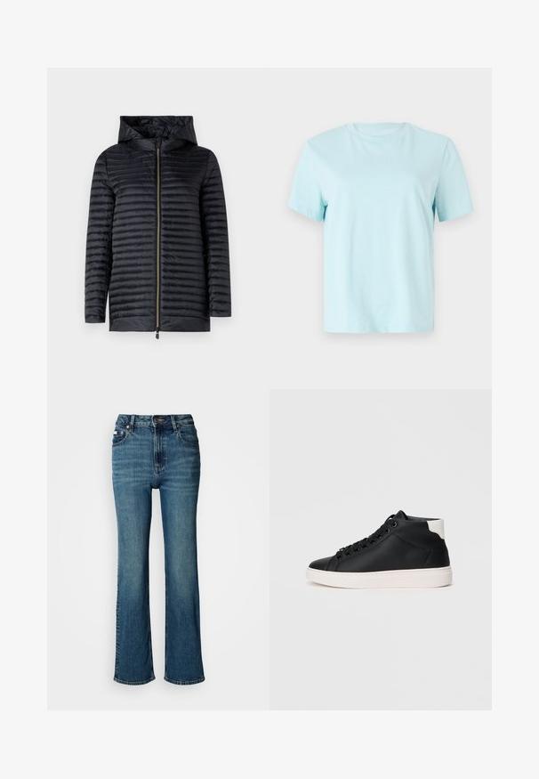 Zwarte gewatteerde jas met een capuchon, voorzien van een volledige rits, een gewatteerde textuur en een gestroomlijnd ontwerp. Lichtgewicht en waterafstotend materiaal.; Lichtblauwe katoenen t-shirt met korte mouwen, een ronde hals en een subtiele geborduurde 'Calvin Klein' logo op de voorkant.; Hogwaardige blauwe jeans van denim, met een rechtzittend ontwerp, subtiele vervaging en een standaard knoop- en ritssluiting.; Zwarte hoge sneaker van soepel leer met een witte rubberen zool, voorzien van ronde veters, een gevoerde kraag en een contrasterende hakaccent.