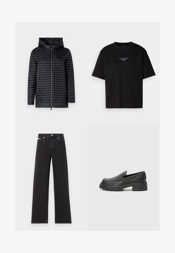 Casaco preto acolchoado com capuz, apresentando um fecho éclair completo, textura em matelassê e um design aerodinâmico. Material leve e resistente à água.; T-shirt preta de algodão com gola redonda, mangas curtas e logo bordado azul "Calvin Klein JEANS" na parte da frente.; Jeans de perna larga pretos feitos de denim, apresentando uma cintura alta, estilo de cinco bolsos e um fecho em botão de metal com costura contrastante.; Mocassins de couro preto com bico arredondado, sola espessa e texturizada, e detalhes de costura minimalistas. Design elegante sem atacadores ou ferragens visíveis.
