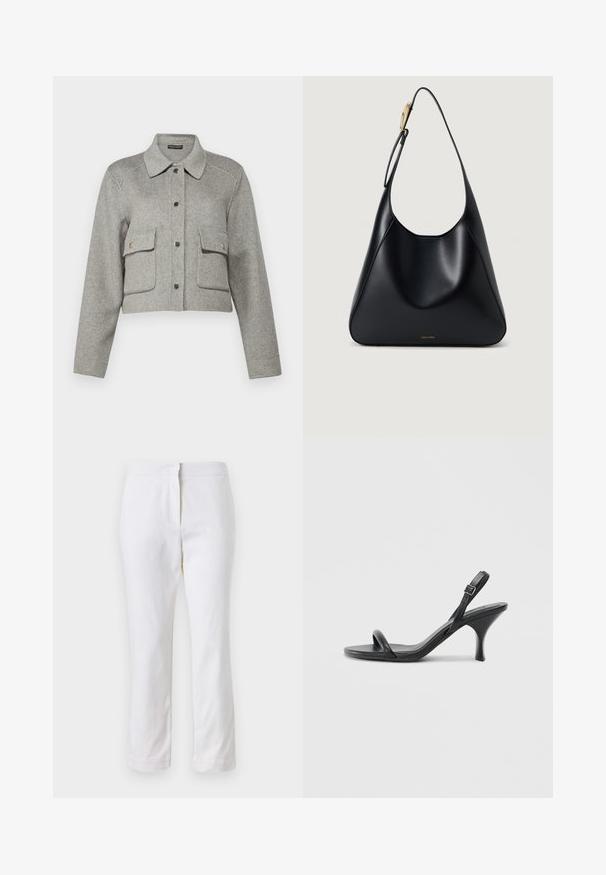 Repeat COAT - Ziemas jaka - grey; Balts īsais T-krekls, plašas īsas piedurknes, mīksts kokvilnas materiāls, apaļa kakla izgriezums ar delikātu oranžu apdari, minimāls dizains, bez rakstiem vai grafikām.; Baltas kokvilnas bikses ar taisnu kāju dizainu, ar vidēju augstumu un bez redzamām detaļām vai rakstiem. Visā virsmā ir gluda tekstūra.; Melnas ādas augstpapēžu sandales ar plānu, izliekta formas papēdi un krustenisku siksnu dizainu. Regulējama potītes siksna. Gluda tekstūra.; Melnas ādas plecu soma ar gludu tekstūru, izliekta silueta un zelta aparatūru. Aprīkota ar debumpētu zīmola logotipu apakšā.