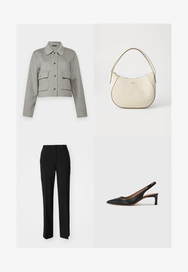 Repeat COAT - Vinterjakke - grey; Hvit cropped T-skjorte, korte vide ermer, myk bomullsmateriale, rund halslinning med subtilt oransje kantbånd, minimalistisk design, uten mønstre eller grafikk.; Sorte skreddersydde bukser med rett silhuett, med en glatt tekstur og klare pressede bretter foran. Ingen synlig maskinvare.; Svart lær slingback pumpe med spiss tå, lav hæl og en jevn tekstur. Har en tynn justerbar stropp for en sikker passform.; Kremfarget håndveske med teksturert overflate, buet form, kort håndtak og gullfarget logo. Glidelås lukking på toppen.