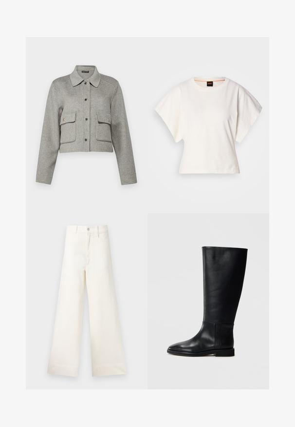 Repeat COAT - Téli dzseki - grey; Fehér, rövid, bő ujjú, crop szabású póló, puha pamut anyagból, kerek nyakkivágással, finom narancssárga díszítéssel, minimalista dizájn, minta vagy grafika nélkül.; Világos bézs pamut széles lábú nadrág. Magas derék, elülső zsebek és egyenes vonalú fazon jellemzi. Tiszta, mintázat nélküli hem befejezés.; Fekete bőrből készült, térd fölé érő csizma, lekerekített orral, sima felülettel, minimalista dizájnnal és lapos talppal. Egyszerű varrási részletek a szárán.