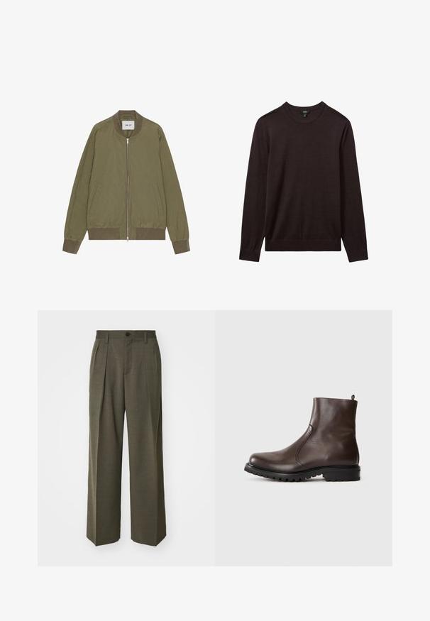 NN.07 DIXON - Bomberjacks - capers; Reiss Trui - dark bordeaux; Filippa K WIDE TROUSERS - Broek - driftwood; Bruine leren enkelboot met een gladde textuur, elastische zijpanelen, een trekband aan de achterkant en een robuuste rubberen zool.