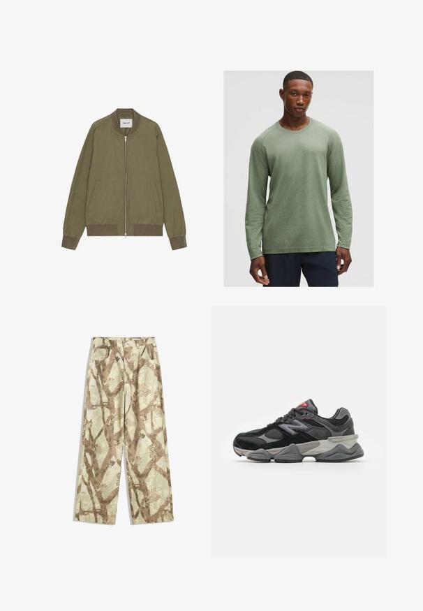 NN.07 DIXON - Bomberjacks - capers; Langsleeve shirt in gedempt groen met een textuurpatroon, ronde halslijn en raglanmouwen, gemaakt van zachte, lichte stof.; Broek van lichtgewicht stof in een lichtgroene tint, met een bruin takpatroon, wijd model en twee voorzakken.; Zwarte en grijze sneaker met een mix van suede en mesh materialen, dikke zool, opvallend logo en een rode accent op de tong.