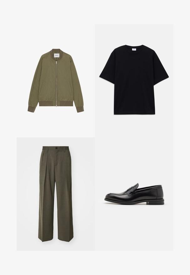 NN.07 DIXON - Bomberjacks - capers; Zwarte oversized T-shirt met korte mouwen en ronde hals, met zichtbaar Filippa K merkelabel aan de binnenkant van de kraag.; Filippa K WIDE TROUSERS - Broek - driftwood; Zwarte leren instappers met een gladde textuur, ronde neus en een decoratieve band over de wreef. Lage, gestapelde hak en minimalistisch ontwerp.