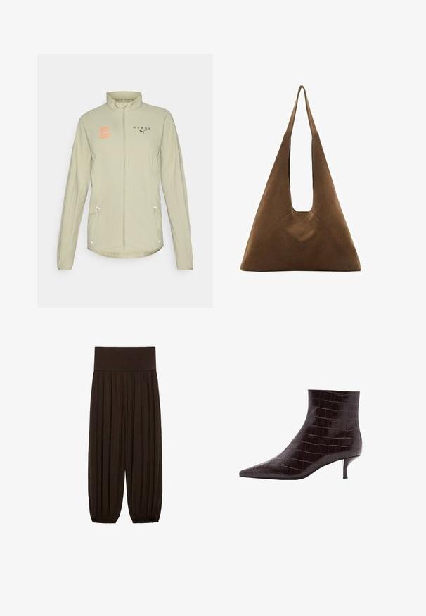 Jasno beżowa sportowa kurtka z wysokim kołnierzem, pełnym zamkiem błyskawicznym, odblaskowymi akcentami i bocznymi kieszeniami. Posiada pomarańczowy nadrukowany logo na klatce piersiowej.; Brązowa plisowana bluzka z rozkloszowanymi rękawami, z warstwami falbanek przy mankietach i dekolcie. Wykonana z lekkiego, teksturowanego materiału.; Brązowe spodnie z plisami i szerokim, elastycznym pasem. Materiał jest lekki i teksturowany, z marszczonymi wykończeniami u dołów.; Czarne botki na kostkę z tłoczonym wzorem w krokodyla, z wąskim czubkiem i krótkim, cienkim obcasem. Gładka tekstura z wyraźnym wzorem i elegancki design.; Brązowa torebka z zamszu o trójkątnym wzorze, z wydłużonymi ramiączkami i dużym otwartym wnętrzem z wyciętym uchwytem.