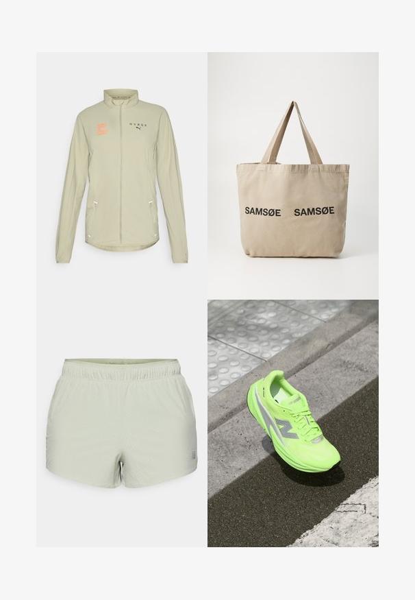 Veste de sport beige clair avec col haut, fermeture éclair intégrale, accents réfléchissants et poches latérales. Présente un logo imprimé orange sur la poitrine.; Chemise à manches longues de couleur vert clair faite d'un tissu texturé, présentant un col rond et un petit logo sur la zone de la poitrine gauche.; Shorts de sport vert clair en tissu respirant, avec une texture perforée et une taille élastique. Logo imprimé sur le côté.; Baskets de course New Balance d'un vert néon lumineux reposant sur un pavé texturé près d'une surface de marche tactile et du bord d'un trottoir.; Sac fourre-tout en toile beige avec deux logos "SAMØE" imprimés en noir. Doté de solides bretelles beige et d'un design simple et non structuré.