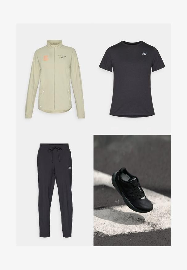 Jachetă sport ușor bej, cu guler înalt, fermoar complet, accente reflective și buzunare laterale. Dispune de un logo portocaliu imprimat pe piept.; Tricou scurt cu mânecă neagră, fabricat dintr-un material moale, având un mic logo gri New Balance pe pieptul din stânga sus, cu un design clasic de gât.; Pantaloni de antrenament negri, confecționați dintr-un material ușor, cu talie elastică și șnur ajustabil. Au un mic logo pe lateral.; Pantofii de alergare negri cu un superior texturat, design elegant și accente reflectorizante. Dispun de o talpă moale și amortizată pentru confort.