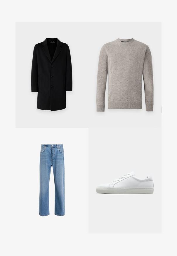 Black wool coat featuring a notched collar, five-button closure, side pockets, and a straight silhouette with long sleeves.; Light gray knitted sweater with a crew neckline, long sleeves, and ribbed cuffs and hem. Textured pattern with flecks of color.; Light blue denim jeans with a straight-leg design, five pockets, button closure, minimal fading, and contrasting stitching details.; White sneaker with a smooth leather upper and a low profile. Features a rounded toe, six eyelets, and a textured rubber sole.