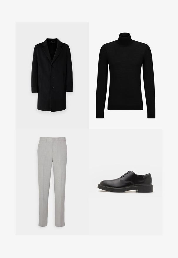 Μαύρο παλτό από μαλλί με καμπυλωτό γιακά, κλείσιμο με πέντε κουμπιά, πλαϊνές τσέπες και ευθεία σιλουέτα με μακριά μανίκια.; Μαύρο πουλόβερ σταυρωτό λαιμό, φτιαγμένο από μαλακό υλικό, με μακριά μανίκια και εφαρμοστή γραμμή. Ριγωτή λεπτομέρεια στο τελείωμα και στους καρπούς. Απλός σχεδιασμός.; Ανοιχτό γκρι παντελόνια με λεία υφή, επίπεδο μπροστινό μέρος και ίσιες γραμμές. Κατασκευασμένα από αναπνεύσιμο ύφασμα, διαθέτουν εσωτερικές τσέπες και θηλιές για ζώνη.; Μαύρο δερμάτινο παπούτσι με κορδόνια, με στρογγυλή μύτη, λεία υφή, ελάχιστη ραφή και χαμηλή καουτσούκ σόλα. Λογότυπο στη σόλα.