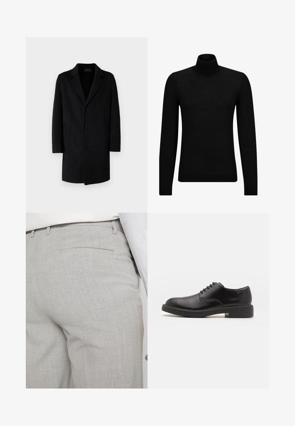 Palton negru din lână, cu guler tăiat, închidere cu cinci nasturi, buzunare laterale și o siluetă dreaptă cu mâneci lungi.; Pulover negru cu guler înalt, realizat dintr-un material moale, cu mâneci lungi și o croială ajustată. Tiv și mansete cu margine ondulată. Design simplu.; Pantaloni gri deschis croiți, dintr-un material texturat, cu un singur buzunar pe spate și cusături curate.; Pantofii din piele neagră, cu șireturi, au vârful rotunjit, o textură netedă, cusături minime și un toc de cauciuc scăzut. Logo pe toc.