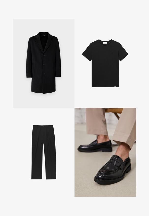 Černý vlněný kabát s klopovým límcem, zapínáním na pět knoflíků, bočními kapsami a rovnou siluetou s dlouhými rukávy.; Černé tričko s krátkým rukávem vyrobené z bavlny, s kulatým výstřihem a malým vyšitým logem na hrudi. Hladká textura, standardní střih.; Černé kalhoty s rovnými nohavicemi, vyrobené z hladké tkaniny. Mají přední záhyby a jedno knoflíkové zapínání v pase.; Černé kožené loafers s hladkým povrchem, zdobené páskem a kontrastním prošíváním, spárované s béžovými kalhotami.