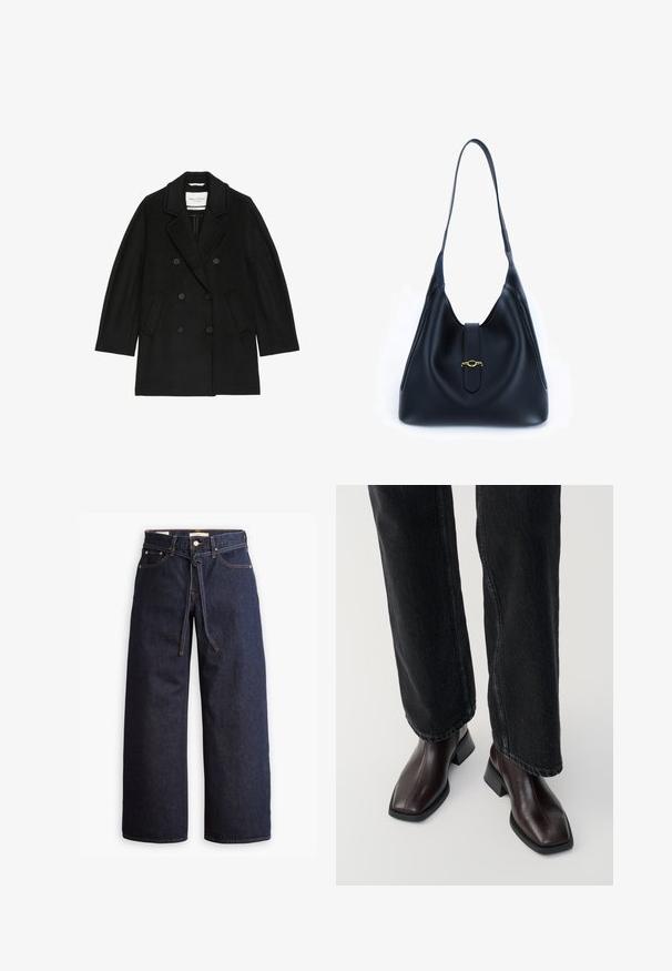 Marc O'Polo LAPEL COLLAR WELT POCKETS - Klassischer Mantel - black; Marineblaue Rollkragenoberteil mit langen Ärmeln. Hergestellt aus weichem Stoff mit glatter Textur. Verfügt über ein enganliegendes Design und einen hohen Kragen ohne sichtbare Nähte.; Weite, dunkelblaue Jeans aus Denim mit hoher Taille, ausgestattet mit einem Kordelzug, fünf Taschen und kontrastierenden Nähdetails.; Braune Lederstiefeletten mit quadratischer Spitze und Blockabsatz, kombiniert mit schwarzen weit geschnittenen Jeans. Glatte Textur und minimalistisches Design.; Schwarze Lederhandtasche mit einem weichen, lässigen Design. Verfügt über einen flachen Trageriemen und einen zentralen Verschluss, der mit einem goldenen Akzent verziert ist.