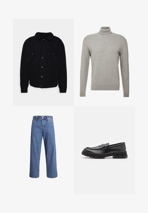 Black denim jacket with a soft, sherpa collar, two breast pockets, button closure, and visible stitching on sleeves and hem.; Gray pullover sweater with a high neck and long sleeves. Made from a smooth, soft material with a fitted design and ribbed accents at the hem.; Light blue denim jeans with a straight-leg design, high waist, and minimal stitching details. The fabric has a soft, slightly faded texture.; Black leather loafers with a smooth finish, featuring a front strap detail and a chunky rubber sole with grooved accents.