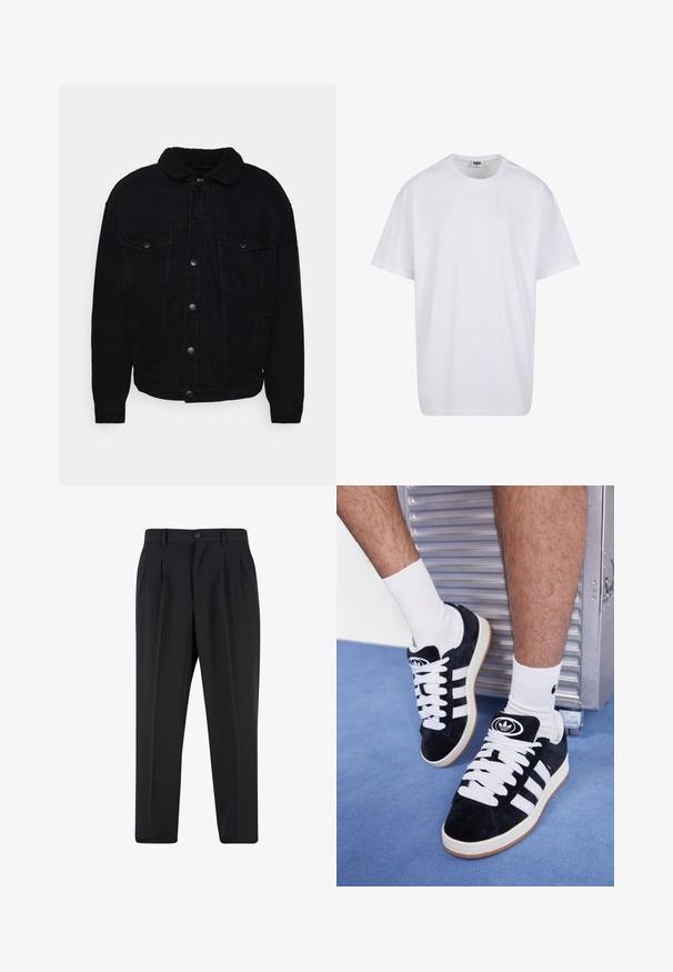 Svart denimjacka med en mjuk, sherpa-krage, två bröstfickor, knappstängning och synlig sömnad på ärmar och nederkant.; Vit bomull t-shirt med korta ärmar, rundad halsringning, avslappnad passform och utan synliga logotyper eller mönster. Slät textur och minimal design.; Svarta byxor med plisserad design framtill, tillverkade av slätt tyg. Har en knappstängning och bälteshällor; rak passform.; Svarta mockaskor med vita snören och tre vita ränder. Har en rund svart logotyp på tungan och en gumminnedgummisula.