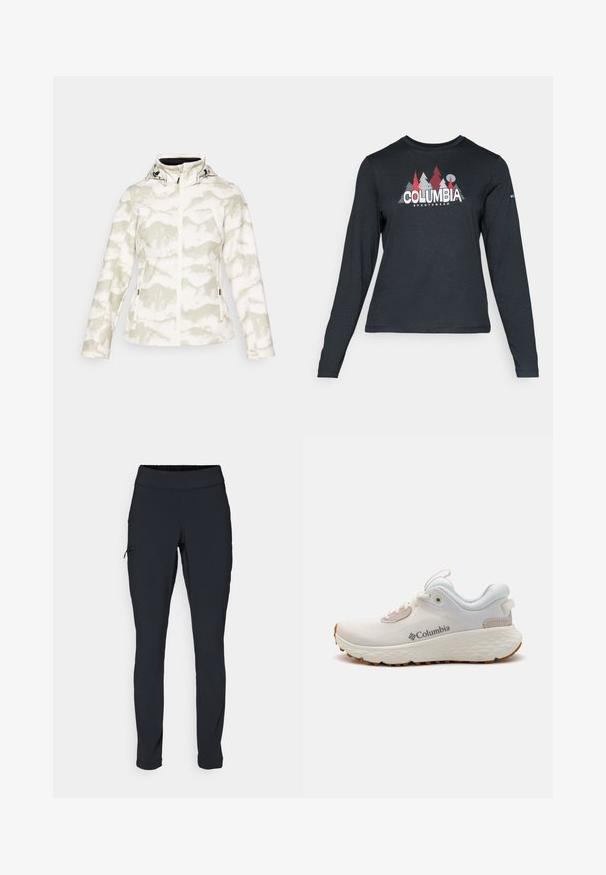 Weiße Jacke mit einem hellgrünen abstrakten Muster, Reißverschluss, verstellbarer Kapuze und Seitentaschen. Aus einem weichen, strukturierten Stoff hergestellt.; Dunkelgraues Langarmshirt mit einem Grafikdesign von roten Bäumen und Bergen; das "COLUMBIA"-Logo in fett weißer Schrift. Weicher Stoff, klassischer Rundhalsausschnitt.; Schwarze Sporthose im Slim-Fit, mit elastischem Bund und einer seitlichen Gesäßtasche mit Reißverschluss. Glattes, dehnbares Material mit minimalen Nähten.; Leichter Columbia Sportschuh aus weißem Mesh mit einer strukturierten grauen Sole und Gummitraktion. Verfügt über einen gepolsterten Kragen und ein Schnürdesign.