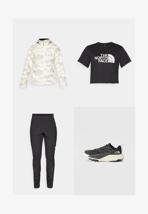 Balts mētelis ar gaiši zaļu abstraktu rakstu, ar rāvējslēdzēja aizdari, regulējamu kapuci un sānu kabatām. Izgatavots no mīksta, teksturēta auduma.; Melnā īsā t-kreklā no kokvilnas, ar baltu logo un izliektiem akcentiem, uz kura ir uzraksts "THE NORTH FACE" priekšpusē. Īsas piedurknes, apaļa izgriezuma kakla daļa.; Melnas āra bikses ar pieguļošu dizainu, izturīgu audumu, atstarojošiem akcentiem un paneļu šuvēm, lai uzlabotu kustības brīvību un komfortu.; Melna sporta kurpe ar teksturētu augšdaļu, kurai ir pelēki akcenti un balts vidusdaļa. Ietver vilkšanas cilpu un izteiktu zīmola logo uz papēža.