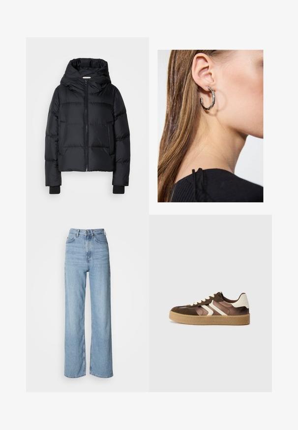 Schwarze gepolsterte Jacke mit Kapuze, Reißverschluss vorne und elastischen Bündchen. Glatte Textur mit horizontalem Steppdesign.; Schwarzes Tanktop aus weichem, dehnbarem Stoff. Mit Rundhalsausschnitt und breiten Trägern, tailliert geschnitten und mit glatter Oberfläche.; Hellblaue hochgeschnittene Jeans mit geradem Bein, aus Denim gefertigt, mit einem Frontknopfverschluss und dezenten Verblassungen.; Braune und cremefarbene Sneakers aus einer Kombination von Wildleder und Satin, mit drei diagonalen Streifen und einer strukturierten Gummisohle.; Silberne Creolen mit polierter Oberfläche, die kleine goldene Akzentdetails und eine runde Form aufweisen, am Ohrläppchen getragen.