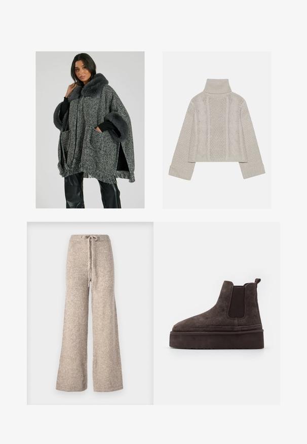 South Beach FAUX FUR PONCHO - Poncho - grey; Suéter de punto gris claro, corto, con un alto cuello y puños acanalados, que presenta patrones de cable texturizados en la parte posterior y los lados.; Pantalones de pierna ancha beige hechos de un tejido de punto texturizado, con cintura con cordón y un ajuste relajado.; Botas Chelsea de ante marrón con paneles laterales elásticos y una suela de plataforma gruesa y texturizada. Presentan una tira en el talón para facilitar su uso.