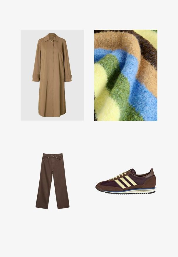Béžový kabát střední délky se rovnou siluetou, zapínáním na knoflíky a dvěma bočními kapsami. Obsahuje klasický límec a detaily na manžetách.; Mnohobarevná deka s hustou, měkkou strukturou a pruhy v zelené, modré, béžové, hnědé a žluté barvě. Hřejivý a jemný materiál.; Hnědé džíny s širokými nohavicemi vyrobené z denimu, s vysokým pasem, předními kapsami a klasickým zapínáním na knoflík. Hladká textura s jemným švem.; Hnědé a burgundské tenisky z semiše a síťoviny, s třemi krémovými pruhy, texturovaným materiálem na jazyku a gumovou podrážkou.
