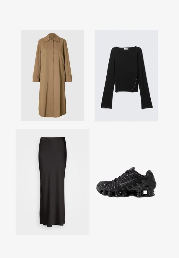 Cappotto beige di lunghezza media con silhouette dritta, chiusura a bottoni e due tasche laterali. Presenta un colletto classico e dettagli sui polsini.; Maglietta nera a maniche lunghe realizzata in tessuto liscio, con scollo a barca, lunghezza cropped e un dettaglio laterale con bottoni in argento.; Gonna in satin nera, lunga fino al pavimento, con una texture liscia, vita aderente e silhouette a forma di A, priva di decorazioni visibili o fantasie.; Scarpa sportiva nera con tomaia in mesh e sovrapposizioni lucide. Presenta un'imbottitura a molla curva e linee texturizzate sul lato. Logo Nike visibile.