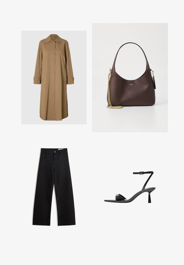 Beige, mellemlang frakke med en lige silhuet, knaplukning og to sidelommer. Har en klassisk krave og manchetter.; Hvid langærmet t-shirt lavet af ribbet stof med rund halsudskæring og lige skæring i kanten. Enkel, ensfarvet design.; Sorte wide-leg denim bukser med høj talje, der har front- og baglommer, syede sømme og en knaplukning. Glat tekstur.; Bershka Højhælede sandaletter / Højhælede sandaler - black; COACH BROOKLYN SHOULDER BAG 23 - Håndtasker - maple