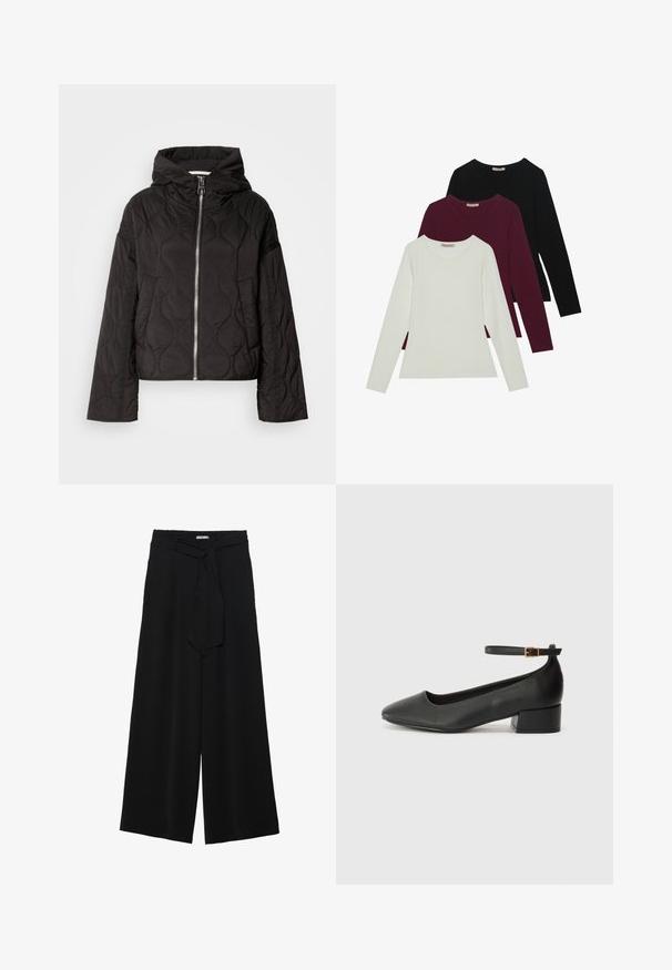 Svart quiltet jakke med hette, med glidelås foran og en puffy tekstur. Designet med en løs passform og side lommer.; Langermede t-skjorter i hvit, burgunder og svart. Laget av myk stoff med rund hals og tettsittende design. Egnet for lag-på-lag-styling.; Svart vide bukser med teksturert stoff, elastisk midje og avtagbart belte som gir justerbar passform.; Sorte skinnpumper med spiss tå og lav blokkhelt. Har ankelrem med gullfarget spenne. Glatt tekstur.