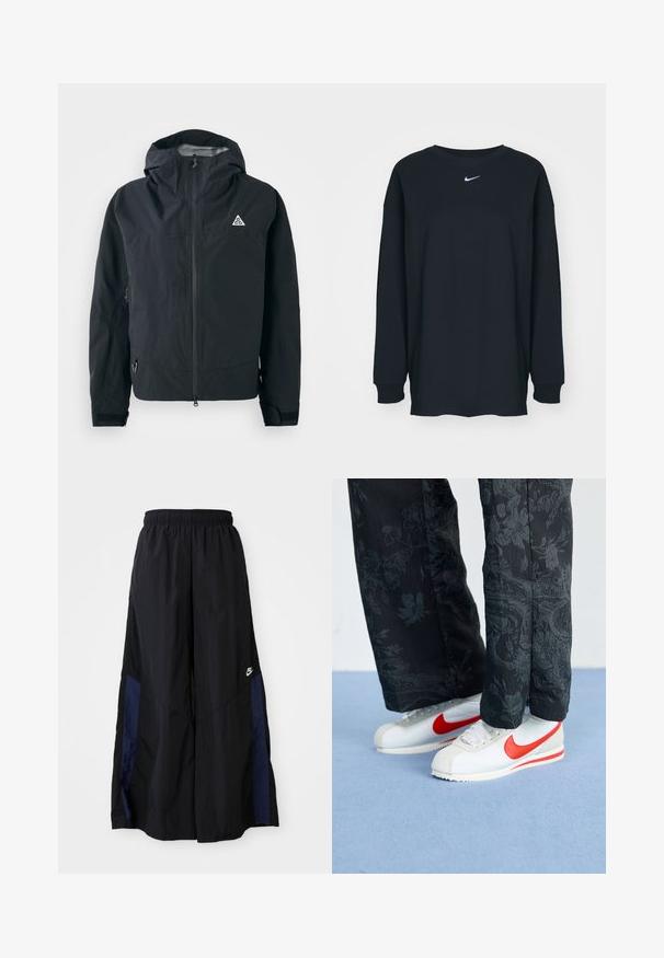 Svart hettejakke med frontglidelås, justerbare mansjetter, sideskiftlommer, og liten trekantet logo på brystet.; Svart langermet T-skjorte laget av bomull med rund hals. Har en hvit Nike-logo på brystet. Myk tekstur, enkelt design.; Svarte vide bukser laget av lett stoff, med et marineblått sidestykke og elastisk midjebånd. Liten hvit logo nederst.; Hvit Nike-sneakers med røde detaljer, kombinert med svarte bukser med blomstermønster. Teksturen er glatt med en flat flette-såle.