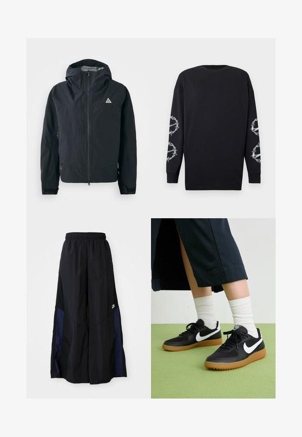 Juodas gobtuvas striukė su priekiniais užtrauktukais, reguliuojamomis rankovėmis, šoniniais užtrauktukų kišenėmis ir mažuoju trikampiu logotipu ant krūtinės.; Juodas ilgomis rankovėmis marškinėliai su apvaliu iškirpimu, su baltais spygliuotos vielos ir erškėčių grafika ant abiejų rankovių.; Juodos plačios kojų kelnės, pagamintos iš lengvos medžiagos, su tamsiai mėlyna šonine juostele ir elastinga juosmens juosta. Maža balta logotipo etikete apačioje.; Juodos odinės ir sintetinių medžiagų sportbačiai su balta Nike swoosh, guminis padas, apvalus pirštas ir juodi raišteliai. Matomos banguotos baltos kojinės.