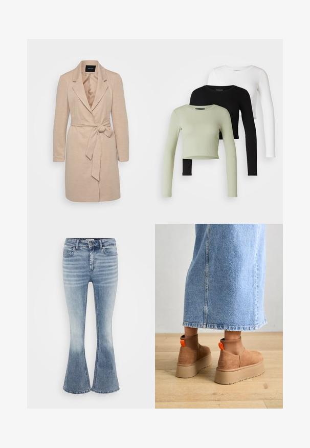 Palton bej cu mâneci lungi, rever tăiat și curea legată în talie. Țesătură texturată cu căptușeală interioară netedă.; Even&Odd Petite 3 PACK - Bluză cu mânecă lungă - black/white/light green; Jeans evaza de culoare albastru deschis, realizate din denim, având un design clasic cu cinci buzunare, închidere frontală cu fermoar și o ușoară decolorare pe coapse.; Botine maro din suede cu platformă, cu panouri elastice pe laterale și mânere portocalii, asortate cu o fustă din denim deschis până la genunchi, pe un podea din lemn.