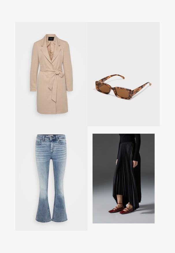 Beige kabát s dlhými rukávmi, so záklopy a viazaným opaskom v páse. Textúrovaná tkanina s hladkou podšívkou.; Even&Odd Petite 3 PACK - Top s dlhým rukávom - black/white/light green; Svetlo modré rozšírené džínsy vyrobené z denimu, s klasickým päťvreckovým dizajnom, predným zapínaním na zips a jemným vyblednutím pozdĺž stehien.; Čierna plisovaná sukňa s vysokým a nízkym lemom, skombinovaná s lesklými červenými balerínami s dizajnom remienkov. Tkanina má hladkú textúru.; Rámik slnečných okuliarov z korytnačiny s obdĺžnikovými hnedými sklami, hrubým rámom a štíhlymi stranicami so vzorom rôznych odtieňov hnedej.; Strieborné kruhové náušnice s hladkým, lesklým povrchom. Kolový tvar a bezpečné klikanie na uzatváranie. Ľahký dizajn vhodný na každodenné nosenie.