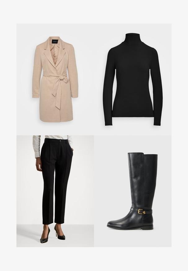 Palton bej cu mâneci lungi, rever tăiat și curea legată în talie. Țesătură texturată cu căptușeală interioară netedă.; Top negru cu mânecă lungă și guler înalt, realizat dintr-un material neted. Are un guler înalt și o siluetă ajustată, fără modele sau accente vizibile.; Pantaloni negri, croiți pe măsură, cu talie înaltă, având pliuri, închidere cu nasture și buzunare laterale. Realizați dintr-un material neted.; Botă din piele neagră, până la genunchi, cu detaliu de cataramă aurie. Designul este elegant și rafinat, pe un fundal alb.