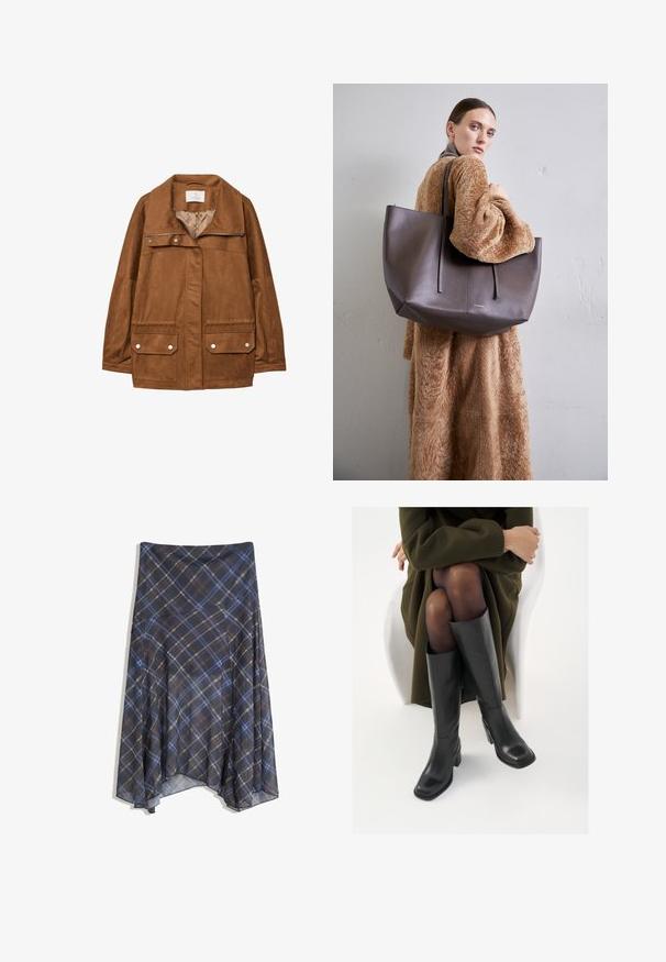 Smeđa imitacija suknje jakna s ovratnikom, prednjim zipom, dva džepa na prsima i dva donja džepa s preklopom. Glatka tekstura i ležeran kroj.; Crni dugi rukavi pleteni pulover s okruglim izrezom, rebrastim manžetama i rubom, te skraćenom dužinom.; Crna karirana suknja s plavim i smeškastim linijama, leteći dizajn, srednje dužine, izrađena od lagane tkanine s glatkom teksturom.; Čizme od crne kože do koljena sa četvrtastim vrhom i blok petom, prikazane s manekenkom koja sjedi u maslinasto zelenom kaputu. Glatka tekstura, minimalni detalji.; Velika, teksturirana tamnosmeđa torba s dugim ručkama. Torba ima minimalistički dizajn i dodatne šavove za dodatnu detaljnost.