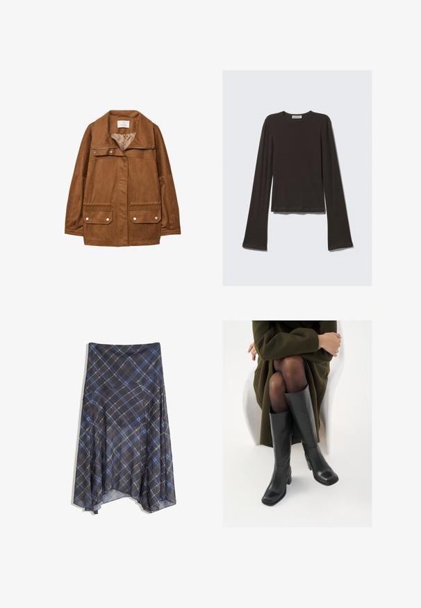 Braune Kunstsuedejacke mit Kragen, Frontreißverschluss, zwei Brusttaschen und zwei unteren Klappentaschen. Glatte Textur und lässige Passform.; Dunkelgraues Langarmshirt aus weichem Stoff. Hat einen Rundhalsausschnitt, einen taillierten Oberkörper und weit geschnittene Ärmel mit glatter Textur.; Schwarzer Karorock mit blauen und braunen Linien, fließendes Design, knielang, aus leichtem Stoff mit glatter Textur.; Knöchelhöhe schwarze Lederstiefel mit quadrater Spitze und Blockabsatz, gezeigt mit einem Modell, das einen olivgrünen Mantel trägt. Glatte Textur, minimale Details.