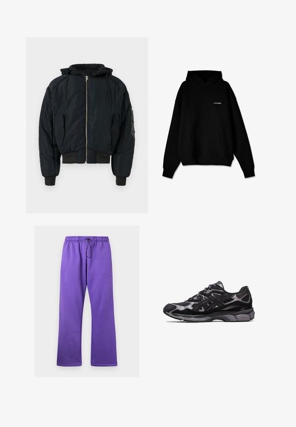 Zwarte gewatteerde bomberjack met een capuchon, rits aan de voorkant en geribde boorden. Heeft twee zijzakken en een mouwzak voor extra opbergruimte.; Zwarte hoodie met een voorzak en een klein wit "PEGADOR" logo op de borst, weergegeven op een witte achtergrond.; Paarse joggingbroek met een trekkoord in de taille, gemaakt van zacht materiaal. Ze hebben een losse pasvorm en rechte pijpen zonder zakken.; Zwarte sportschoen met een bovenwerk van mesh en suede, met een gestructureerd ontwerp en een robuuste, gewatteerde grijze zool.