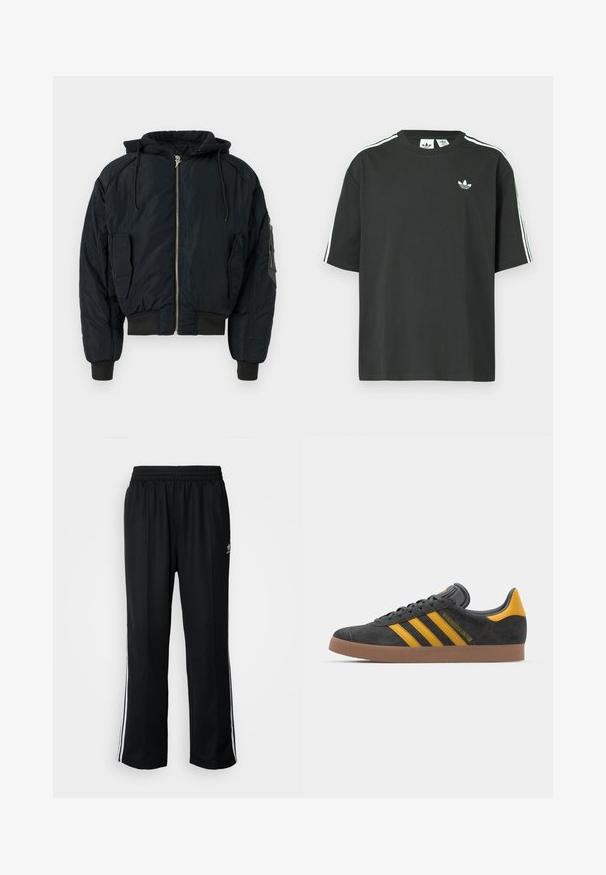 Black padded bomber jacket with a hood, zippered front, and ribbed cuffs. Features two side pockets and one sleeve pocket for storage.; Black cotton t-shirt with short sleeves, crew neckline, and white three-stripe detailing on shoulders. Features a small white logo on chest.; Black athletic pants with an elastic waistband, featuring white side stripes and a small logo. Material appears soft and lightweight.; Black suede sneaker with yellow accents, featuring three stripes and a brown rubber sole. Includes a padded tongue for comfort.