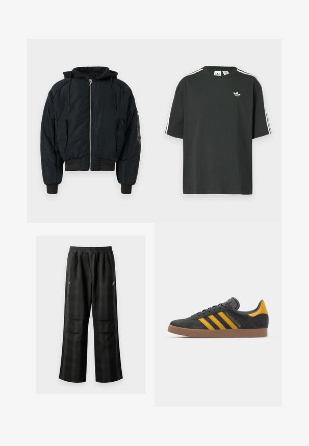 Black padded bomber jacket with a hood, zippered front, and ribbed cuffs. Features two side pockets and one sleeve pocket for storage.; Black cotton t-shirt with short sleeves, crew neckline, and white three-stripe detailing on shoulders. Features a small white logo on chest.; Black plaid pants featuring an elastic waistband, two front pockets, and a loose fit with a straight leg design. Made from lightweight material.; Black suede sneaker with yellow accents, featuring three stripes and a brown rubber sole. Includes a padded tongue for comfort.