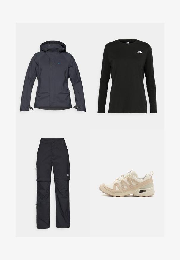 Waterproof dark grey jacket with a hood, zippered pockets, adjustable cuffs, and textured accents on the shoulders and chest.; Black long-sleeve t-shirt made of cotton with a round neck. Features a small white logo on the left chest area. Simple design and fit.; Black nylon zip-off cargo trousers with adjustable cuffs, multiple pockets, and a logo on the right leg. Smooth, lightweight texture.; Beige and cream athletic shoe with textured mesh upper, supportive overlays, and rubber outsole featuring a tread pattern for traction.