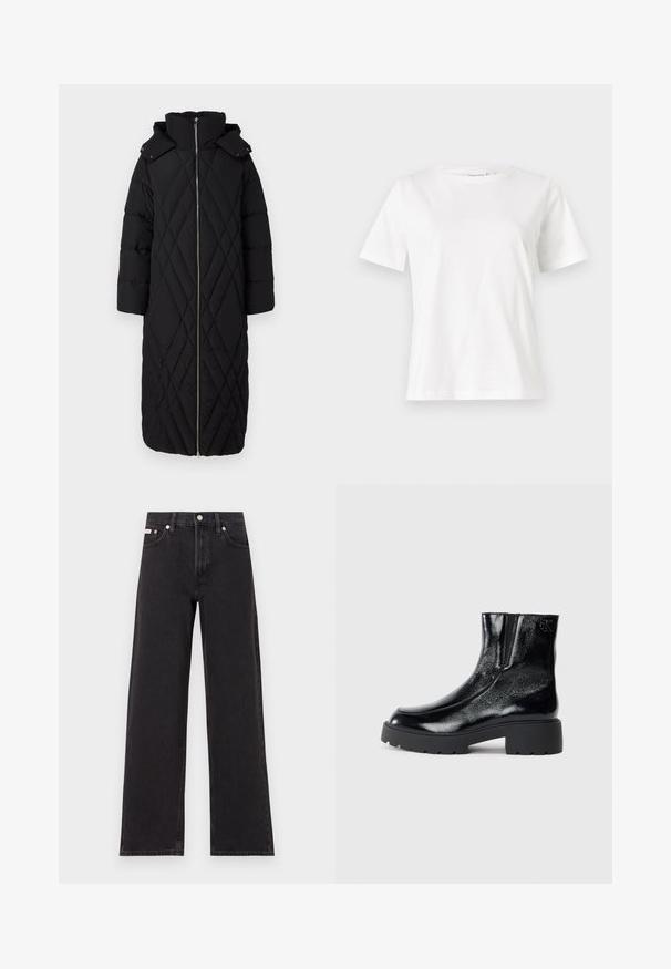 Casaco acolchoado preto longo com costura em diamante, fecho completo à frente, gola alta e capuz destacável com botão de pressão.; T-shirt de algodão branco com mangas curtas, decote redondo e um corte descontraído. Textura suave, sem padrões ou detalhes, design minimalista.; Jeans de perna larga pretos feitos de denim, apresentando uma cintura alta, estilo de cinco bolsos e um fecho em botão de metal com costura contrastante.; Botas de tornozelo pretas com acabamento em pele envernizada brilhante, sola de borracha preta robusta e salto elevado; inclui um detalhe discreto do logótipo na lateral.