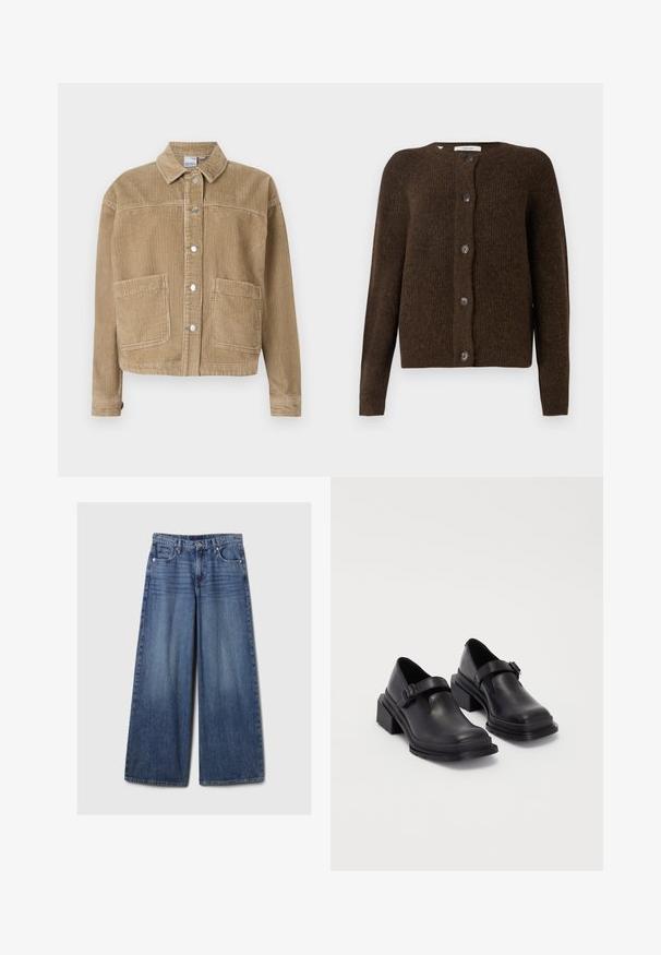 Veste en velours côtelé marron avec un col, réversible à boutons, deux poches avant et texture côtelée.; Cardigan en tricot marron en matériau doux, avec un col rond, des boutons sur le devant et des manches longues. Fini texturé sur toute la surface.; Blouse teal avec un col, un devant à boutons et des manches longues. Fabriquée en tissu texturé avec des poignets froncés.; Jean en denim bleu à jambes larges avec une finition délavée, doté d'une fermeture à bouton et à glissière, de cinq poches et de passants de ceinture.; Chaussures en cuir noir avec un bout arrondi, semelle plate et une sangle avec une boucle décorative. Talon épais pour plus de stabilité.