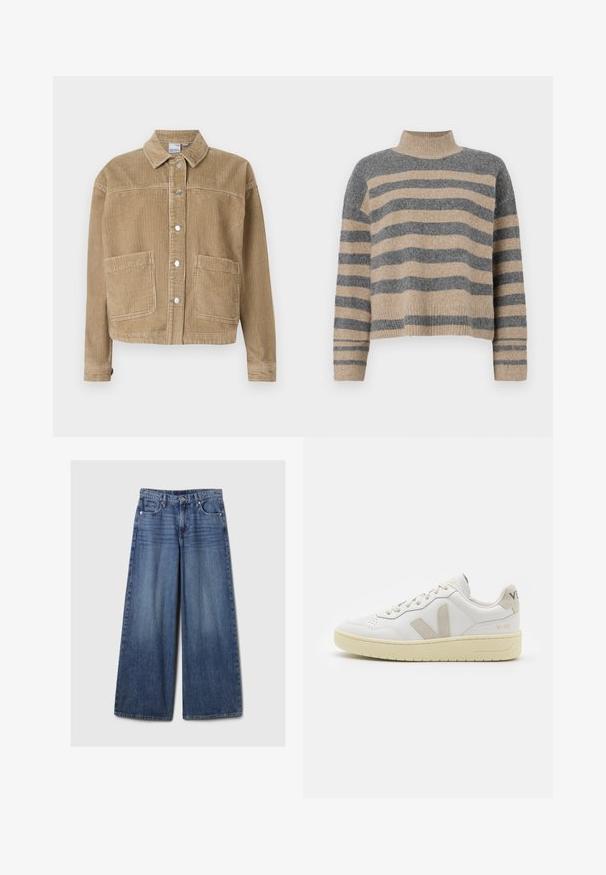 Brown corduroy jacket featuring a collared neckline, button front, two front pockets, and ribbed texture.; Striped knit sweater featuring gray and beige colors, high neck, wide cuffed sleeves, and a relaxed fit with a cropped design.; Wide-leg blue denim jeans with a faded finish, featuring a button and zipper closure, five pockets, and belt loops.; White leather sneaker with beige suede accents, perforated toe box, flat laces, and a textured cream sole. Features subtle branding on heel.