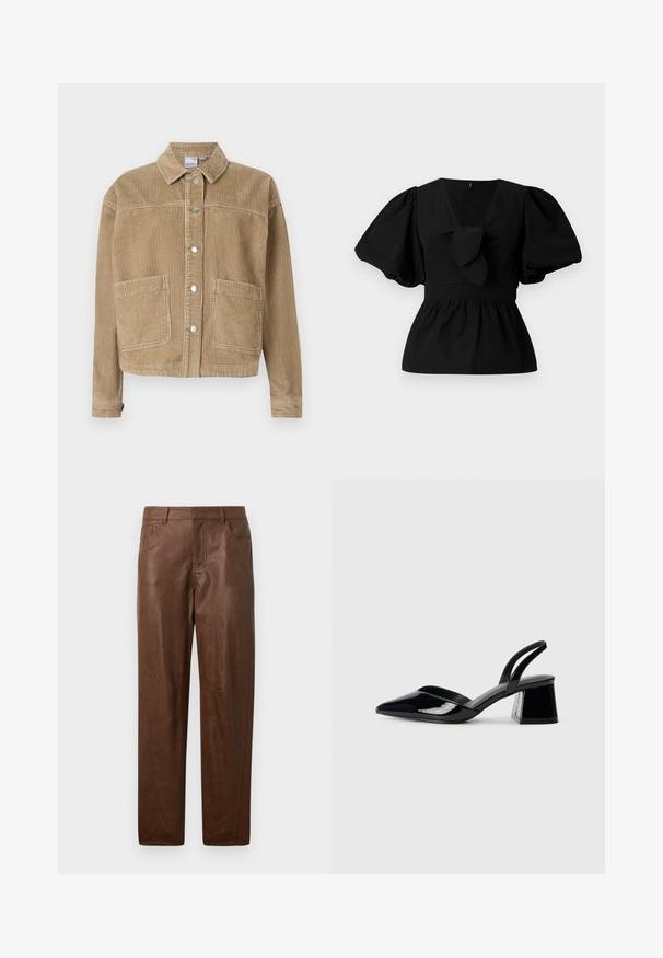 Barna kordbársony zakó, amely galléros nyakkal, gombos elülső résszel, két elülső zsebbel és bordázott textúrával rendelkezik.; Fekete pamut blúz V nyakkivágással, puffos ujjakkal és derékon megkötős díszítéssel. A felső rész ráncolt a peplum forma érdekében.; Barna bőrnadrág sima textúrával, egyenes lábformával és két oldalzsebből áll. Jellemzője a látható varrási részletek.; Fekete lakk bőr szandálkés magas sarkú cipő, hegyes orral és geometrikus tömbsarkakkal. Karcsú, minimalista dizájn és sima textúra jellemzi.