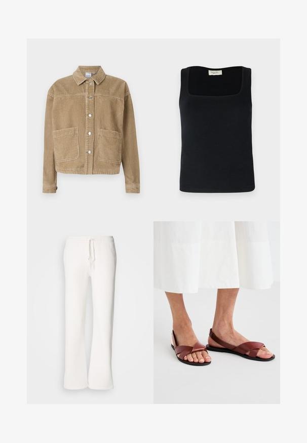 Ruda velveto striukė su apykakle, mygtukų užsegimu, dviem priekinėmis kišenėmis ir ripsuotu audiniu.; Juoda be rankovių maikutė su kvadratiniu iškirpimu, pagaminta iš lygaus audinio. Paprasta dizaino, be matomų raštų ar akcentų.; Baltos, laisvo kirpimo sportinės kelnės, pagamintos iš minkštos medžiagos, su elastinga juosmens dalimi ir raišteliu, tiesių kojų kirpimu.; Rudos odiniai sandalai su kryžminiais diržais ir atvira nugaros dalimi, turintys plokščią padą. Diržai yra glotnūs su matinio paviršiaus apdaila.